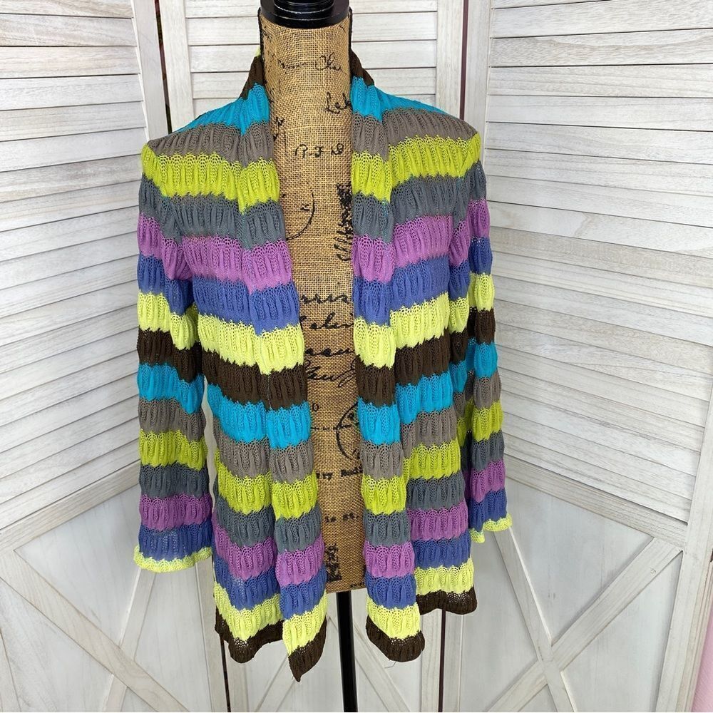 Peck & Peck Striped Crochet Open Front Cardigan Sweater  6‎ Gray Multi